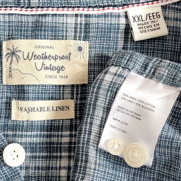Weatherproof Vintage Shirt Mens XXL Blue Plaid Washable Linen Short Sleeve - Picture 9 of 10